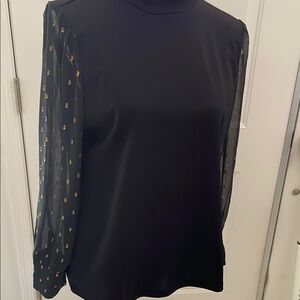 Ann Taylor black knit l/s top sheer sleeves/gold detail size LP